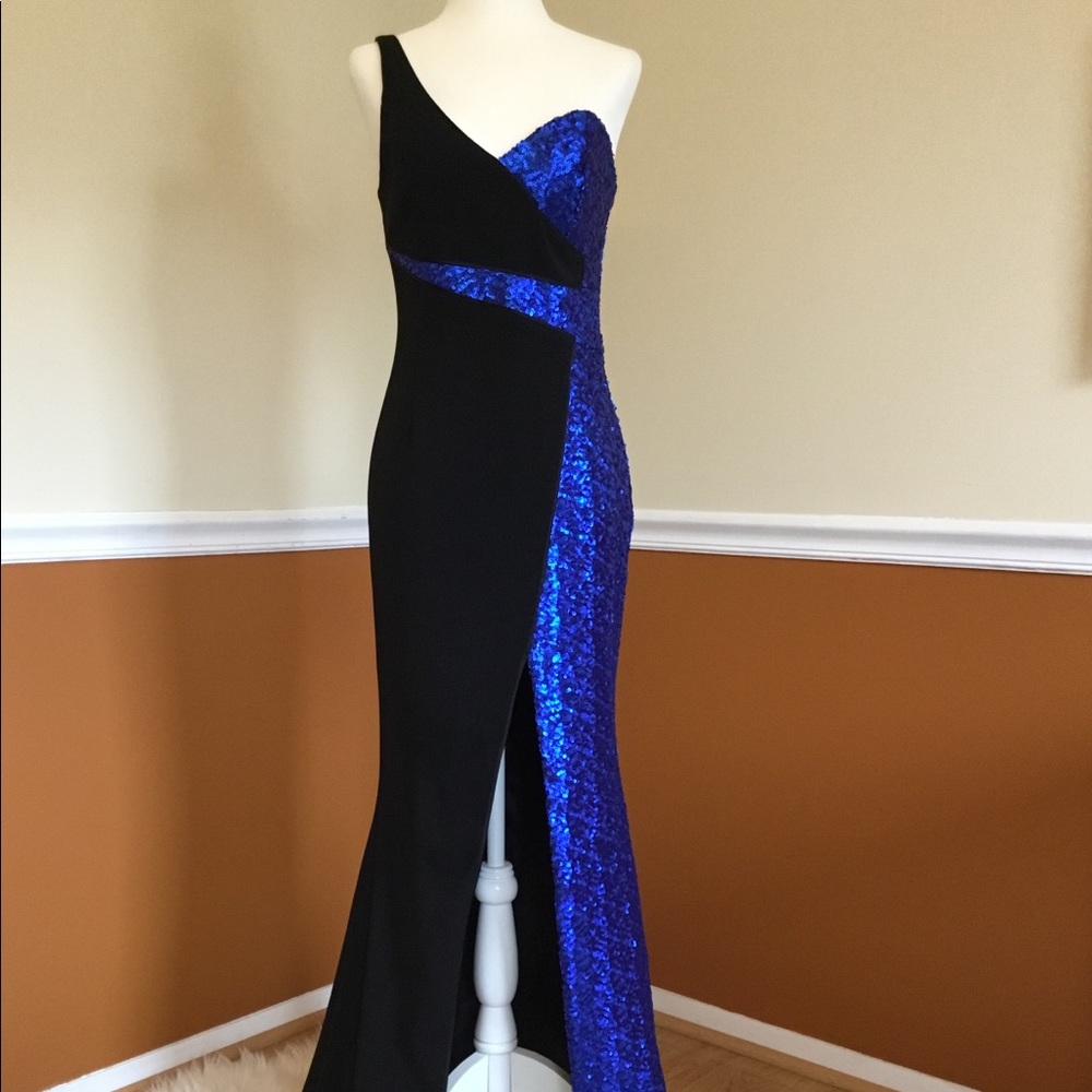 NWT JAY GODFREY One-Shoulder Royal Blue Black Gown